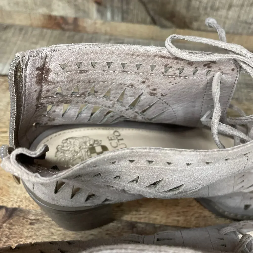 Vince Camuto Tarita Laser Cutout Lace Up Bootie Sandals Tan Suede SZ 7.5